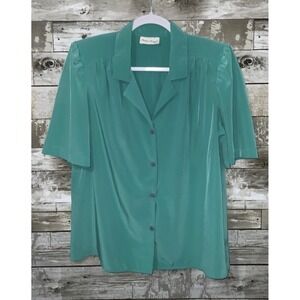 Philippe Marques Vintage Green Button Front Short Sleeve Blouse Padded Shoulders